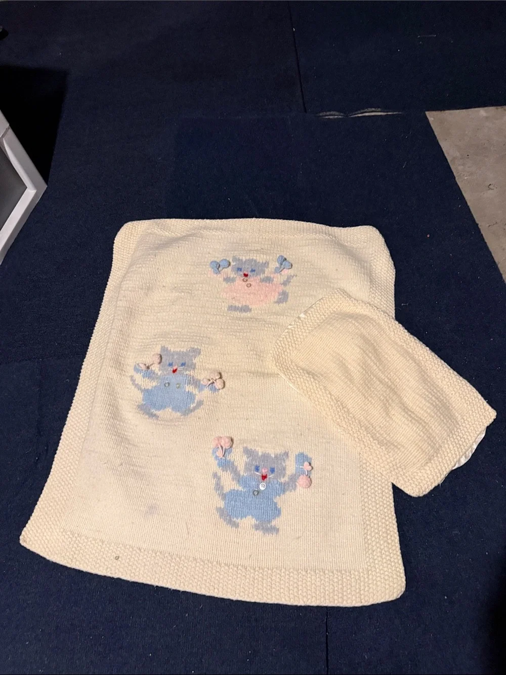 VINTAGE  Cream Baby Knit Blanket and pillow w/Blue kitten with pale pink pom pom